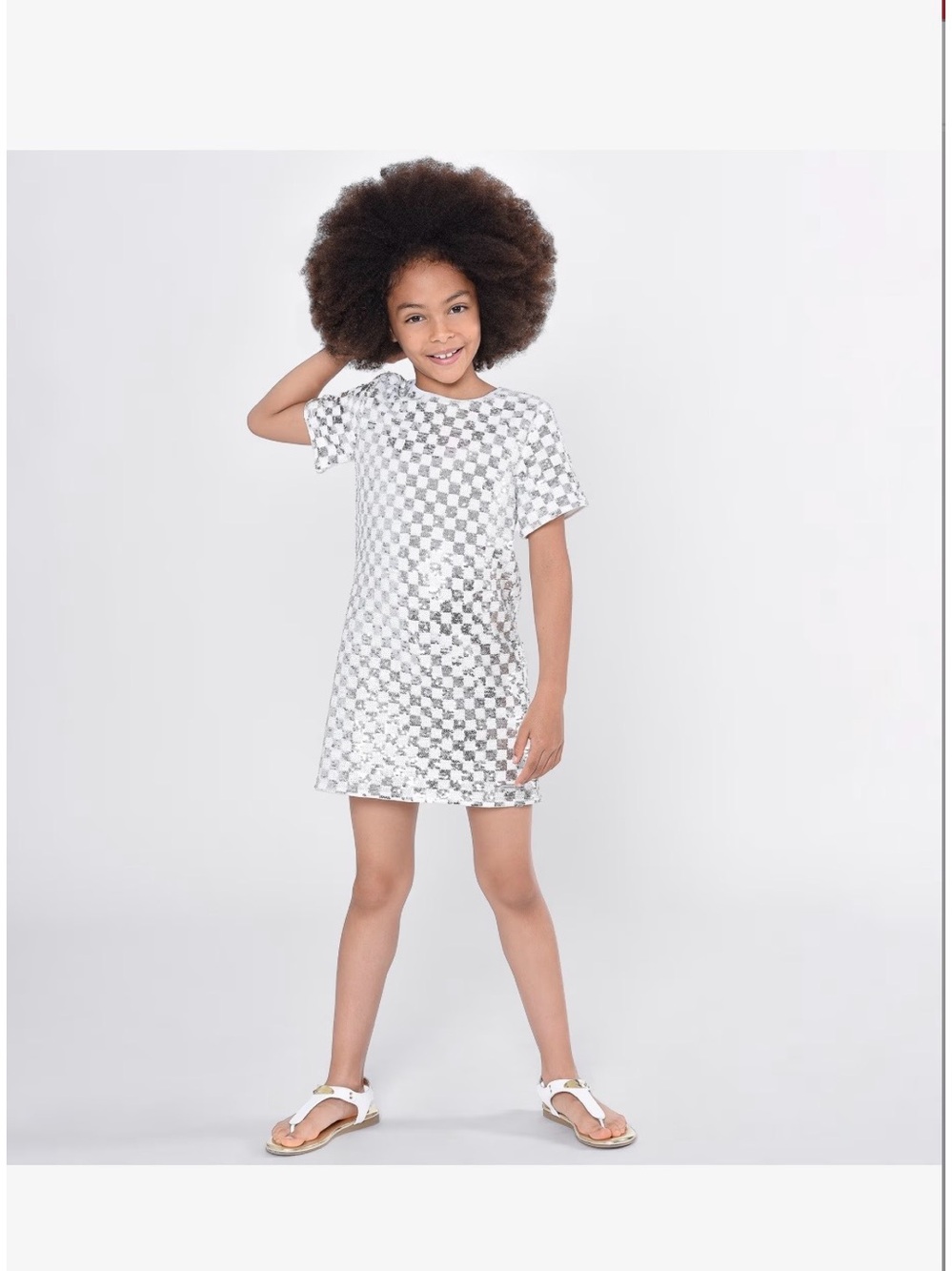 Michael Kors silver and white checked sequined dress - size 10